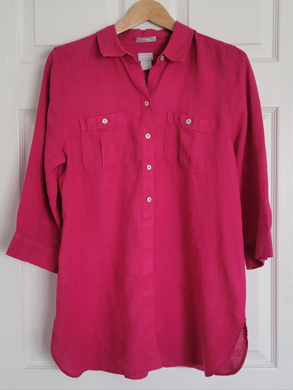 Chico's Fuchsia Pink 100% Linen Button-Down Tunic Shirt